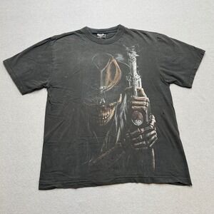 Y2K Western Skull T-Shirt Mens M Black Cotton Short Sleeve Grunge Spiral Direct
